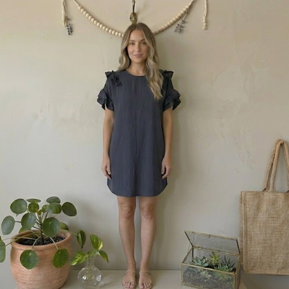 Gianni Bini Navy Blue Shift Dress Medium Ruffle Sleeve Scandi